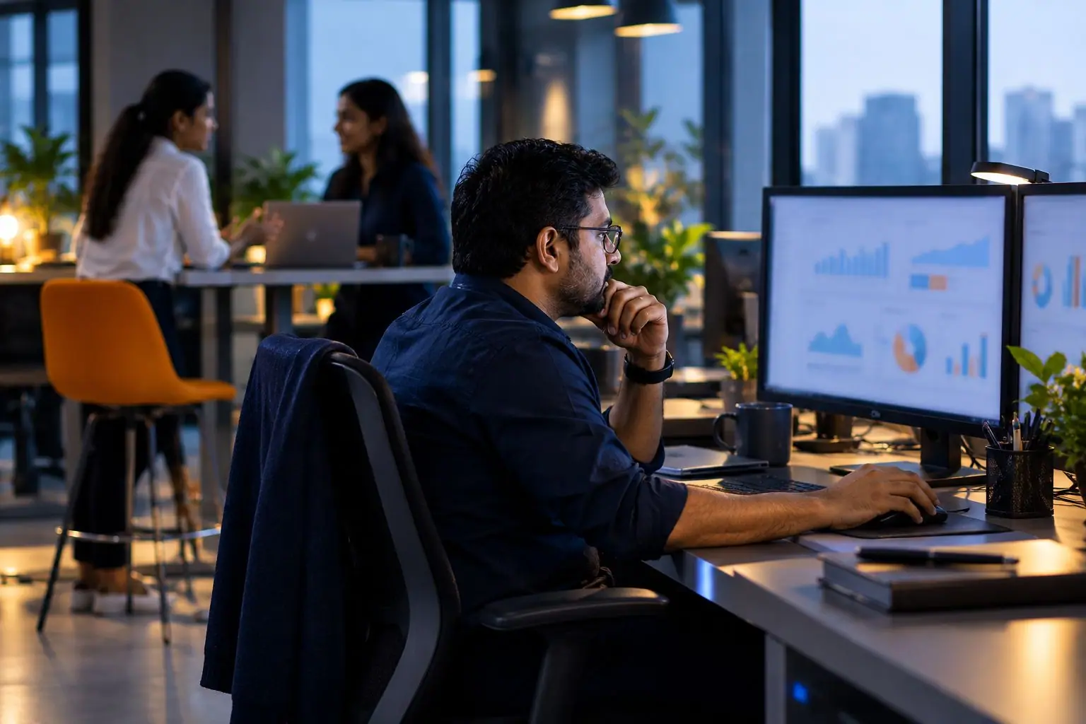 An analytics team at work in a modern office