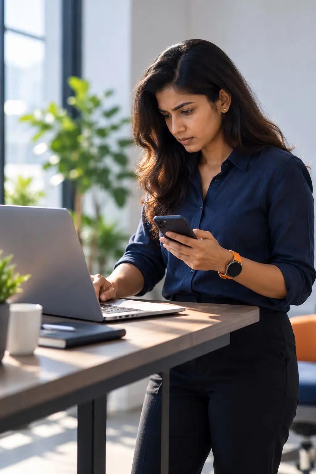 A team member comparing a website on a phone and a laptop