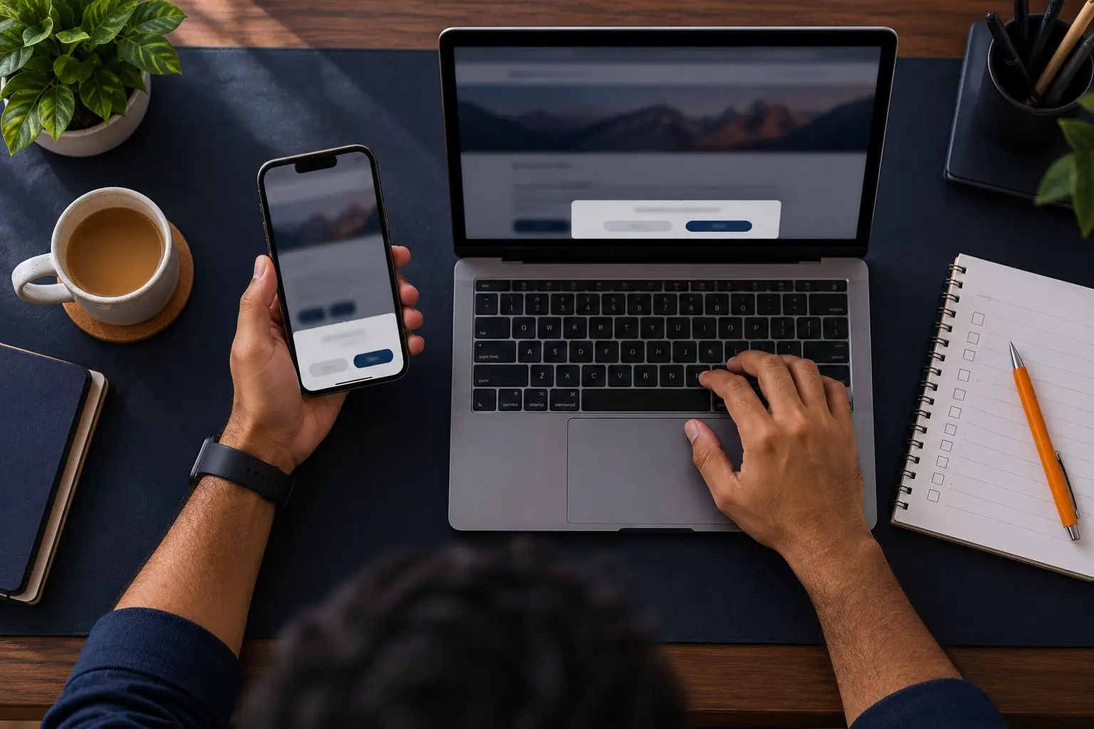 Hands testing a website on a laptop and a phone with a paper checklist