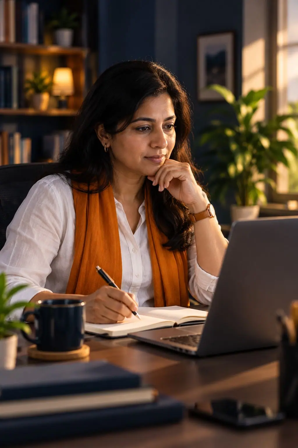 A marketing head listening on a video call with a notebook open