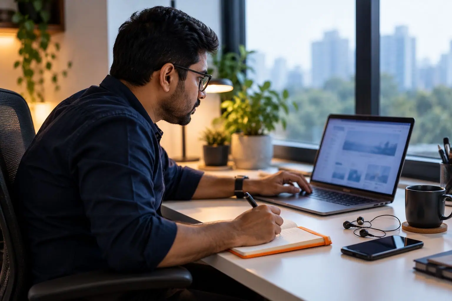A consultant reviewing a website and taking notes before a call
