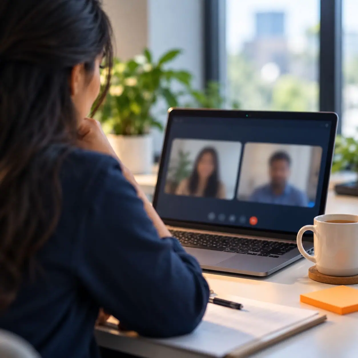 A video call in progress on a laptop