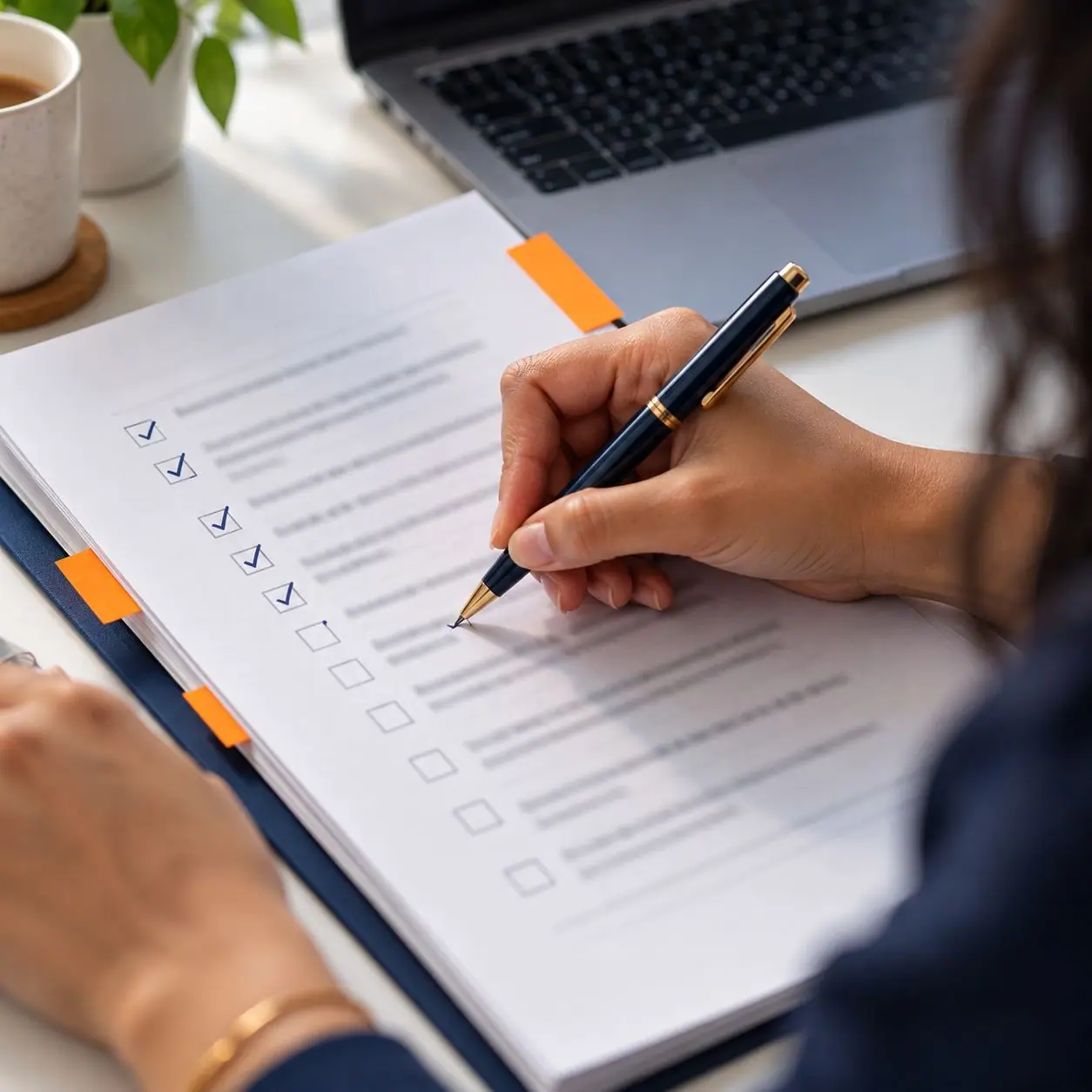 A hand ticking off a printed checklist