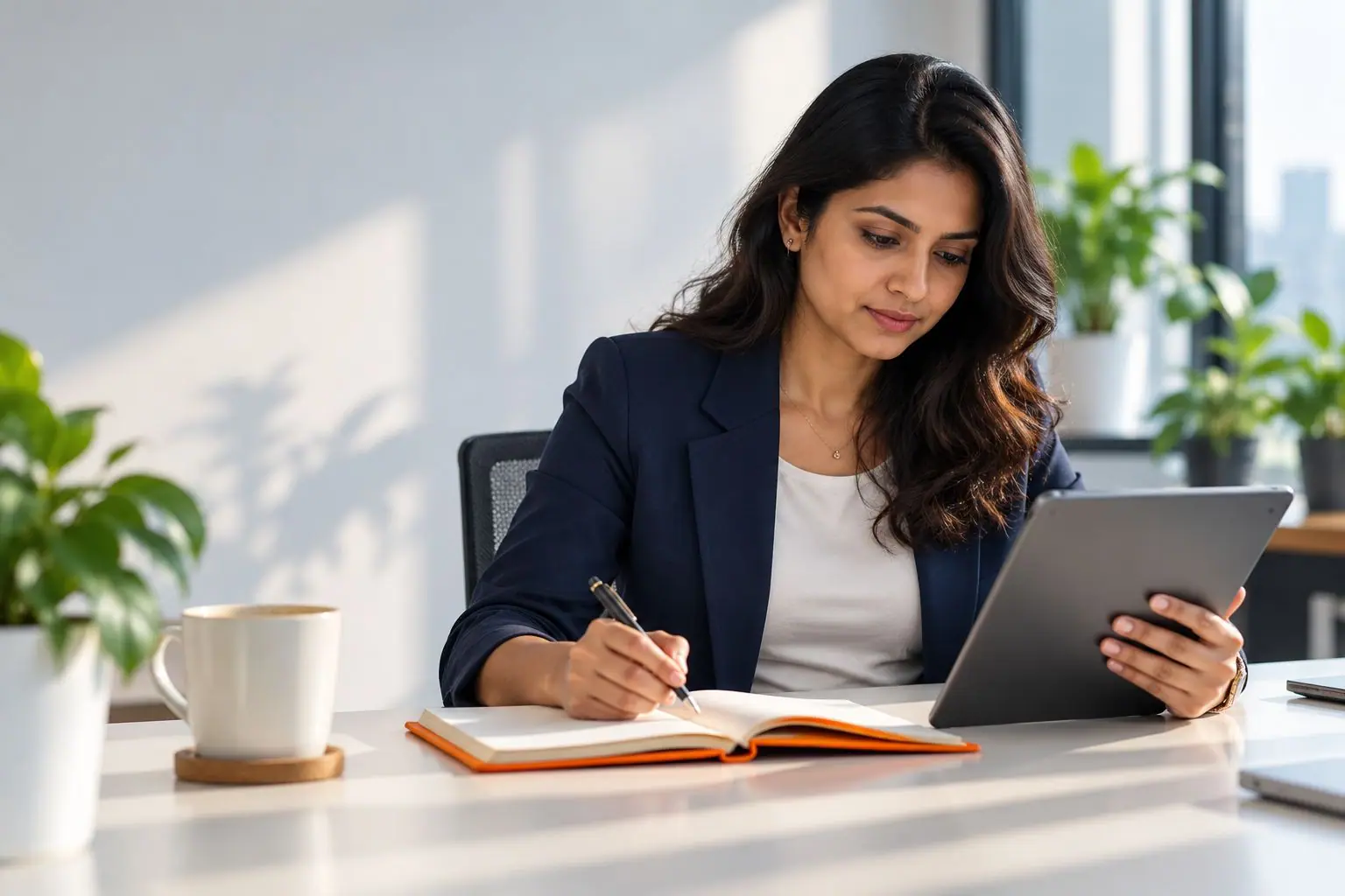 A marketing manager reading a guide on a tablet and taking notes
