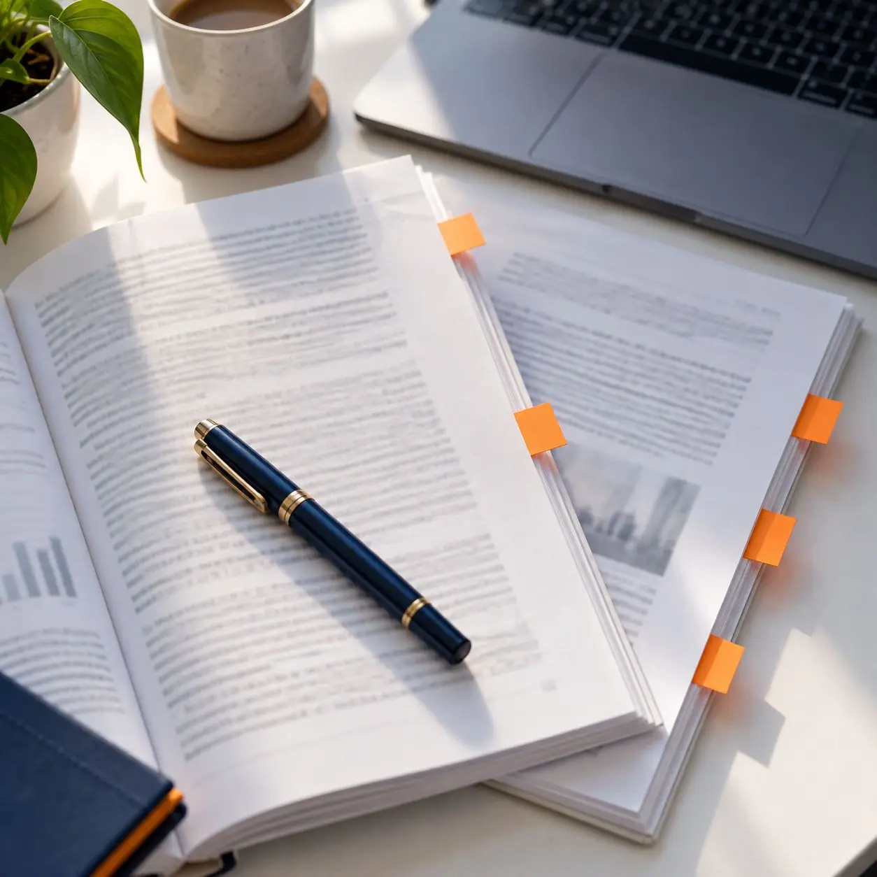 Printed documents marked with orange page flags