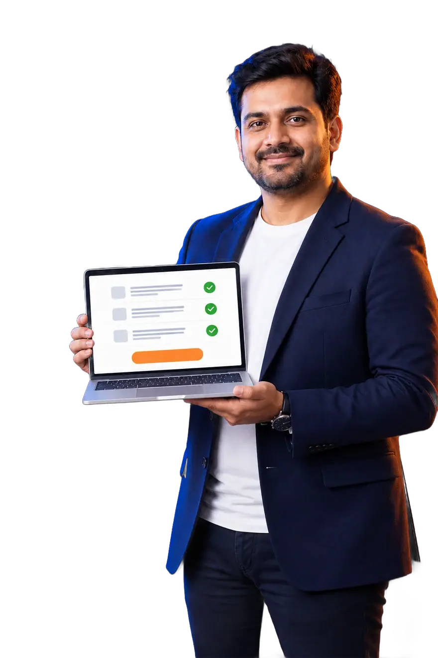 A marketing head holding a laptop