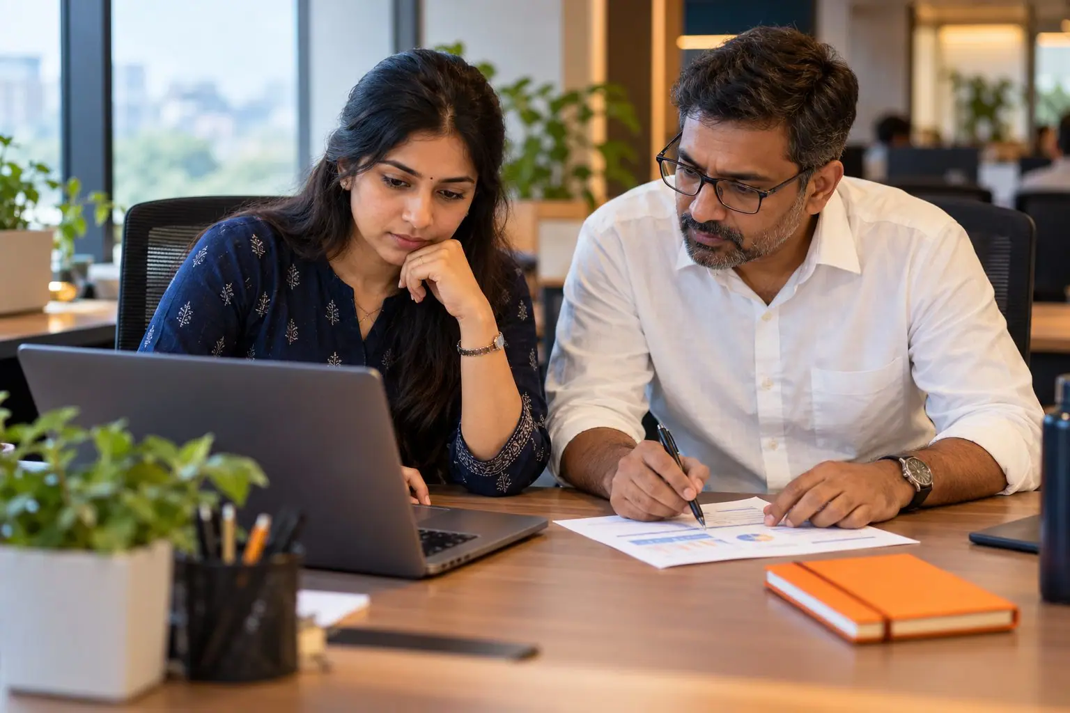 Two colleagues reviewing a website together at one desk
