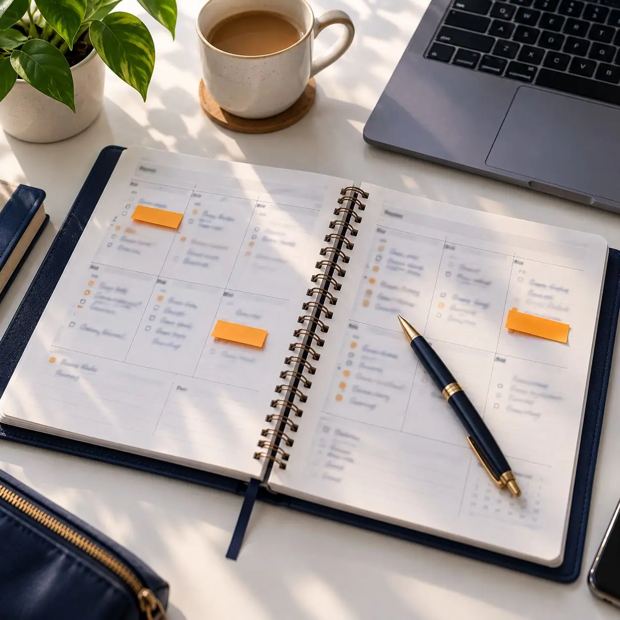 A desk planner with three days marked by orange tabs