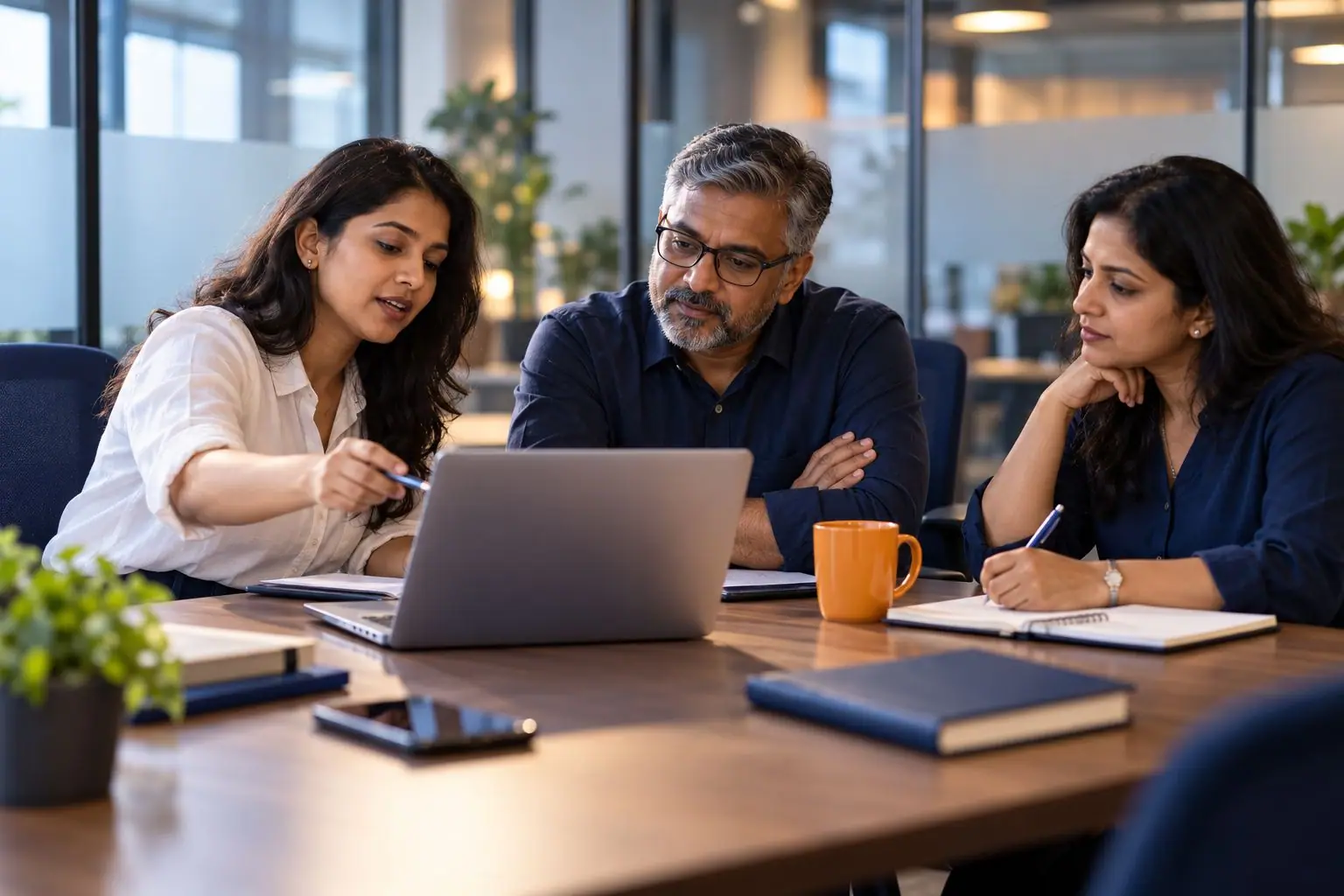 Three colleagues discussing options around a laptop