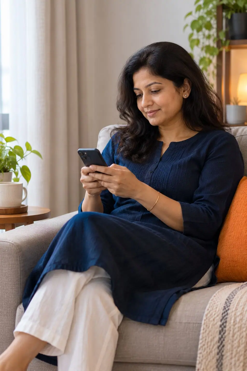A woman calmly using her phone at home