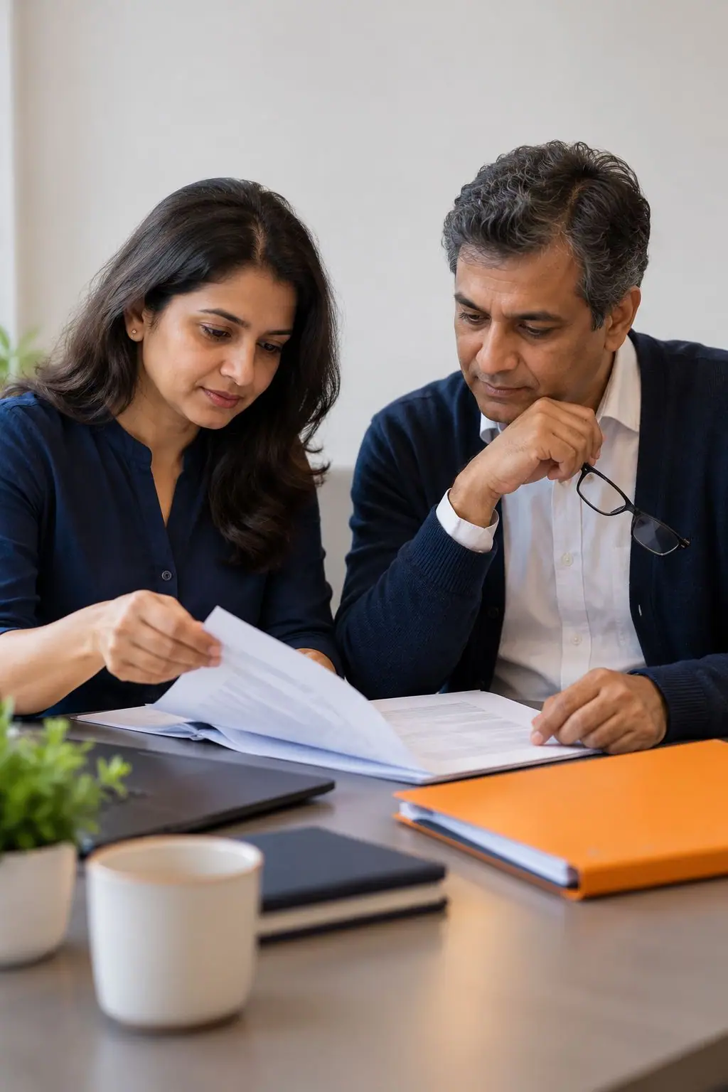 Two professionals reading through a document together